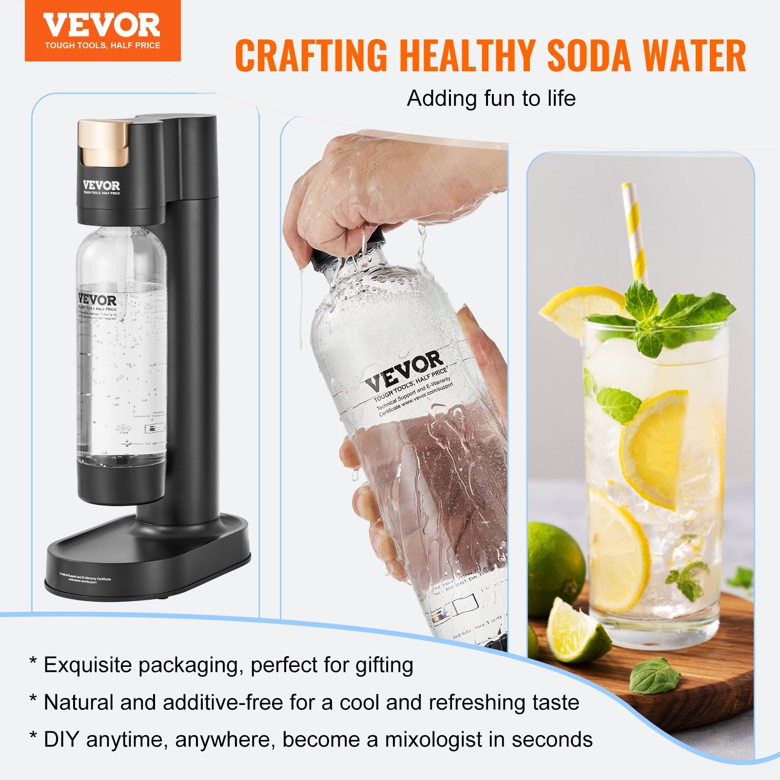 Sparkling Water Maker, Soda Maker Machine For Home Carbonating, Seltzer Water Starter Kit With BPA Free 1L PET Bottle, Compatible With Mainstream Screw-in 60L CO2 Cylinder(NOT Included), Black